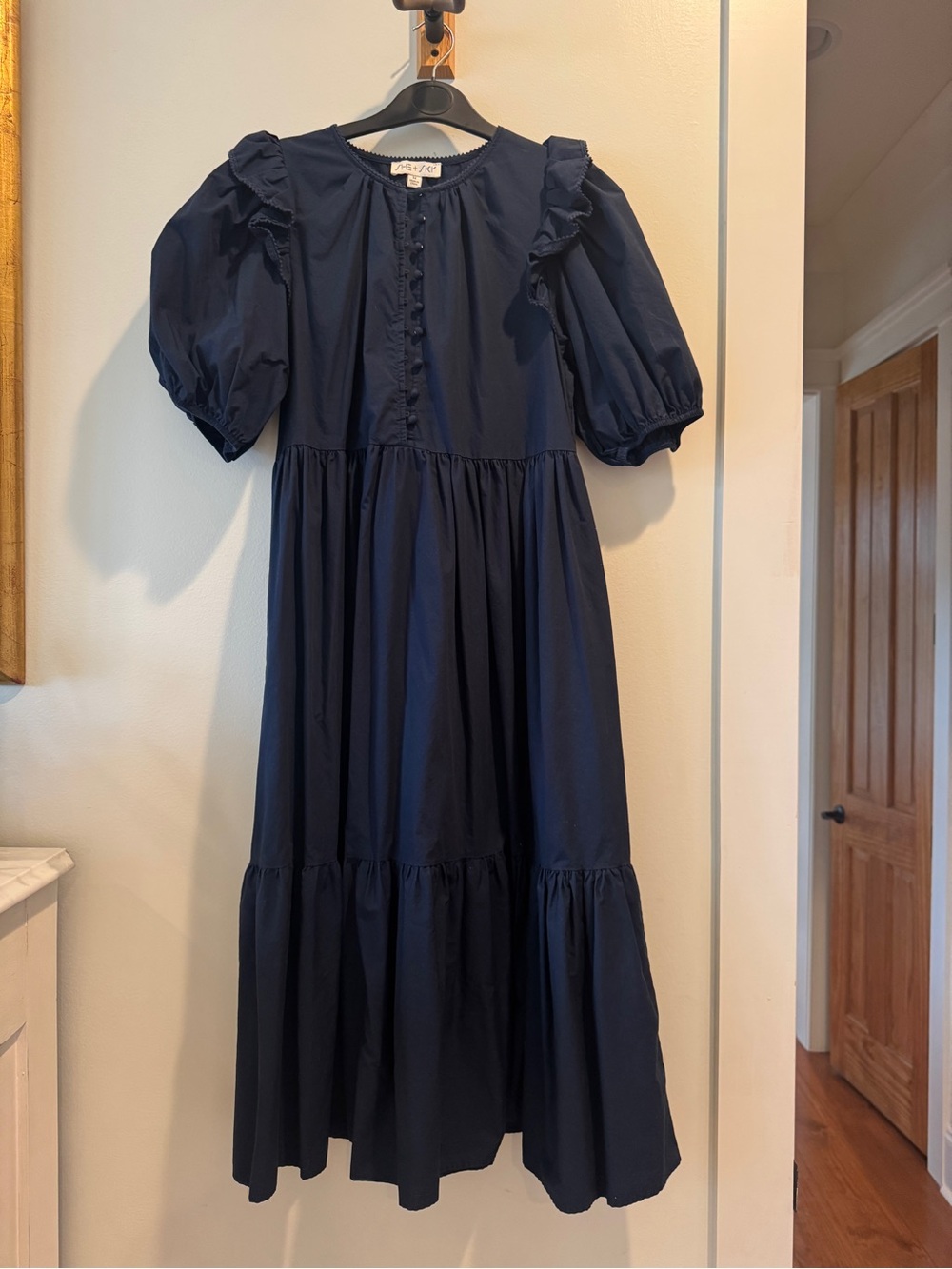 Womens Navy Ruffle Puff-Sleeve maxi Dress, She + Sky, medium
